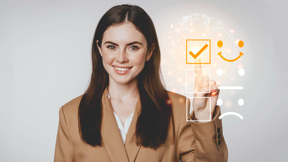 Young female project manager in a business suit checking(tick mark) a box happily
