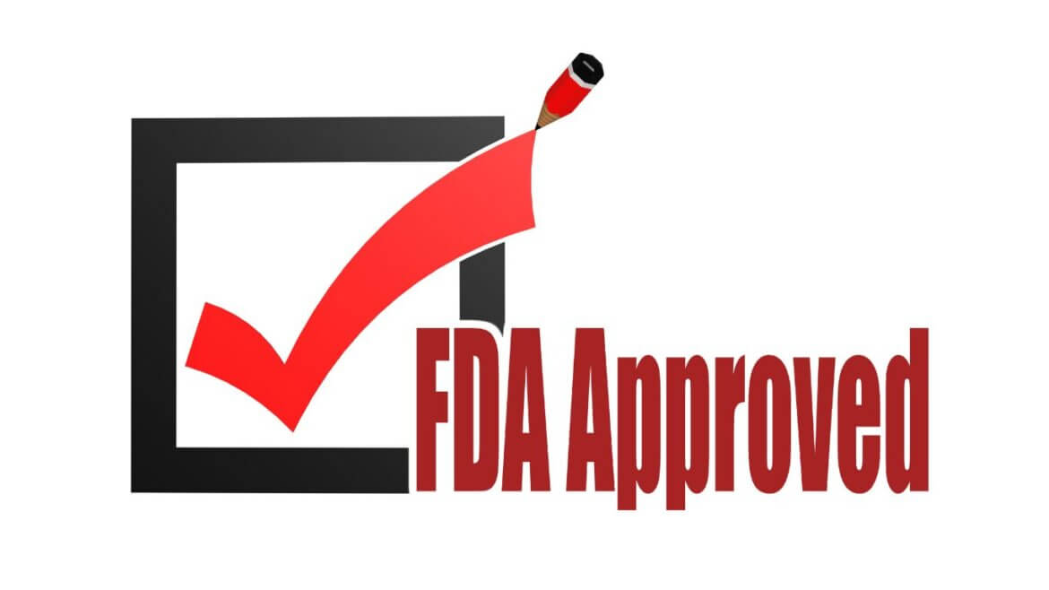 A red checkmark in a black box with words FDA approved next to it