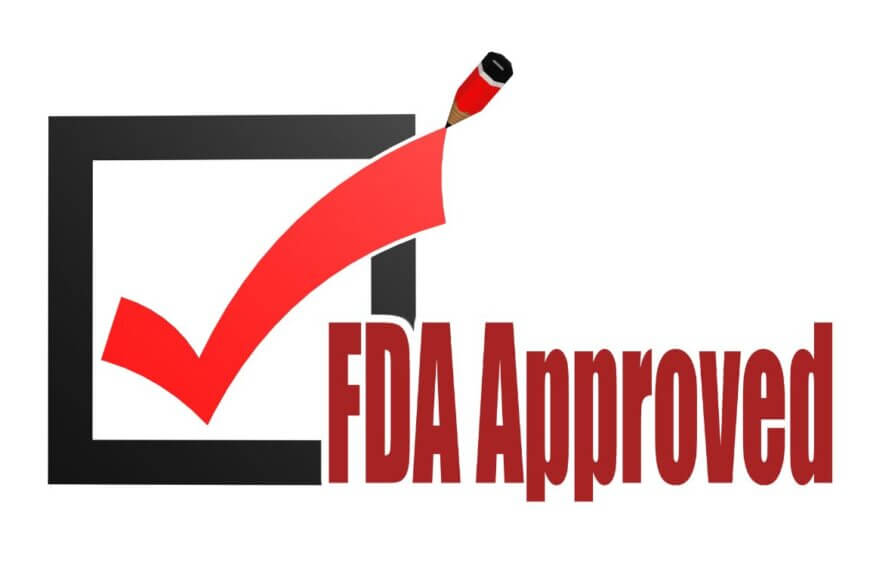 A red checkmark in a black box with words FDA approved next to it
